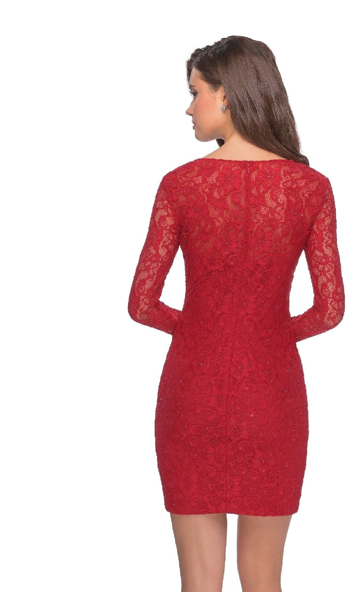 A woman with long brown hair is seen from the back wearing the La Femme 28232 Long Sleeve Mini Lace Hoco Dress, a fitted red lace dress perfect as an affordable cocktail option for any occasion.